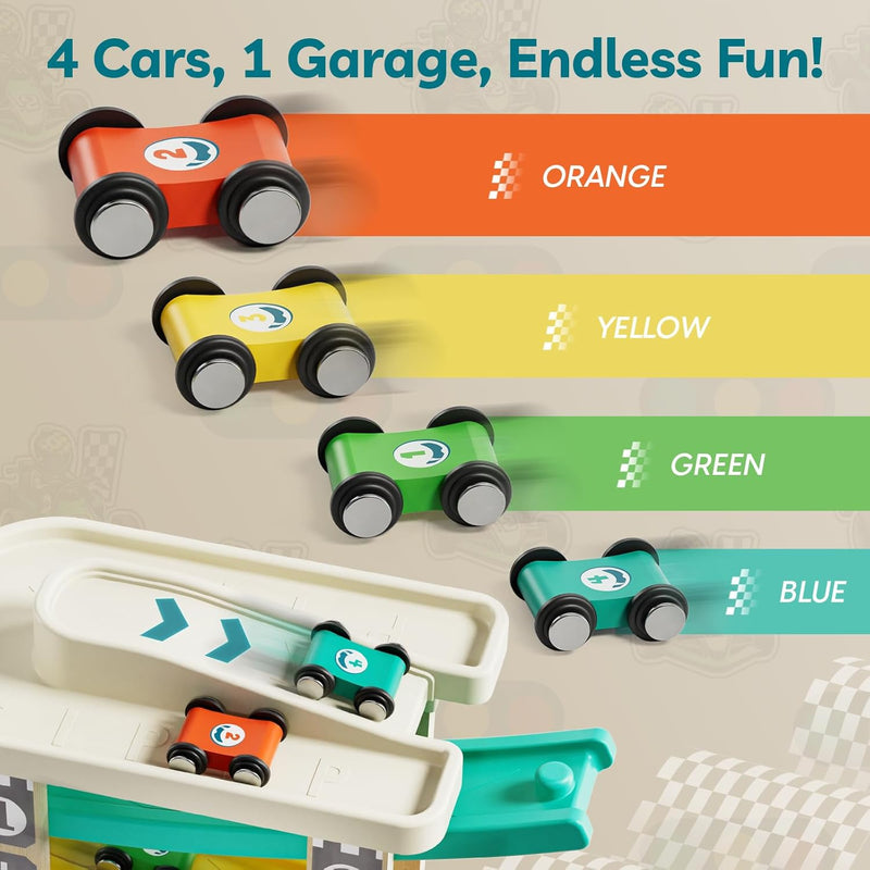 TOP Bright Toddler Wooden Race Track Car Ramp Toys with 4 Mini Cars and 1 Car Garage