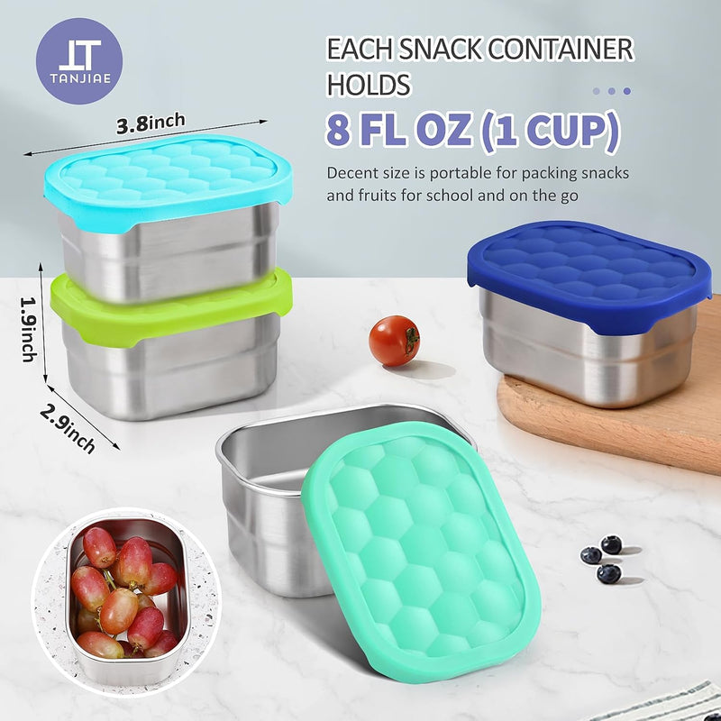 Tanjiae 4Pack 8oz Small (1 CUP) Stainless Steel Snack Containers for Kids | Reusable Easy Open Toddler Snack Containers with Silicone Lids | Stackable Toddler Lunch Box for Daycare, School and Travel