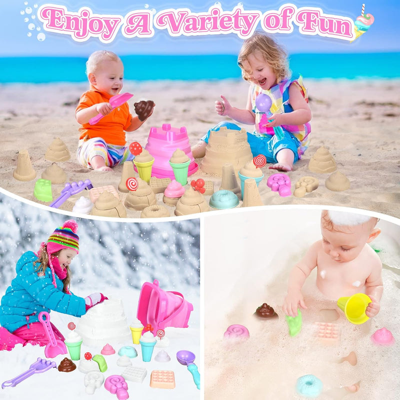 Collapsible Beach Toys Set for Kids & Toddlers: Foldable Bucket, Shovels, Sand Molds, Ice Cream Playset