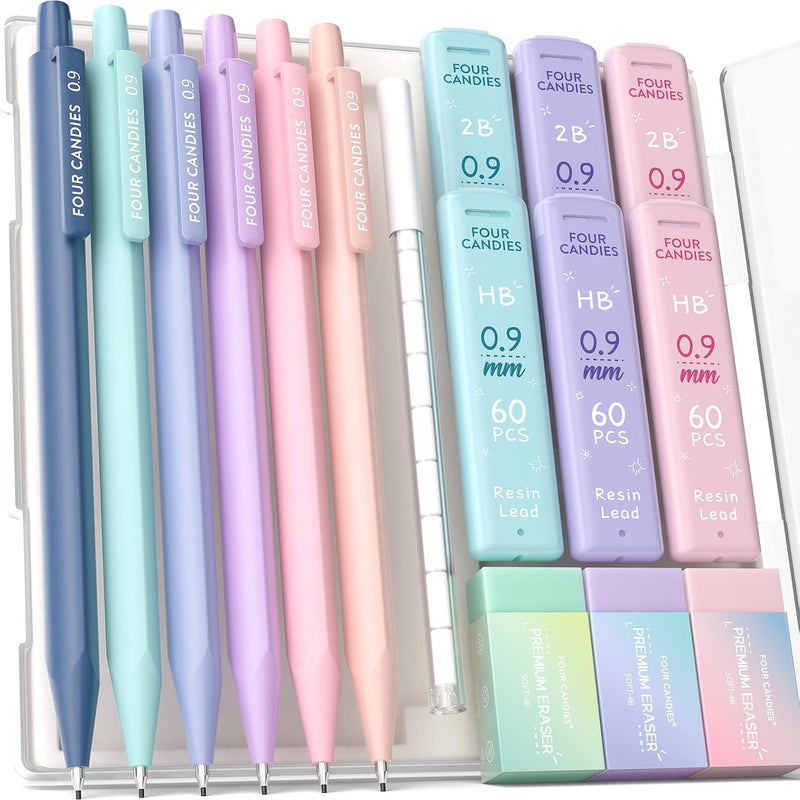 Four Candies Cute Mechanical Pencil Set, 0.7mm Medium Point, 6-Count Pack | 360 HB/2B Leads, 3 Erasers, 9 Eraser Refills, Storage Case, Triangular Grip, for Everyday Homework & Journal