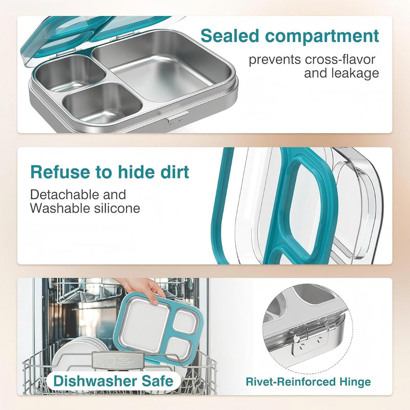 HOMEKOL Stainless Steel Bento Lunch Box, Blue, 3.3Cups | 3-Compartment,Leak-Proof, for Kids & Adults, BPA-Free, Dishwasher Safe, Clear Tritan Lid, 800ml (Not Insulated)