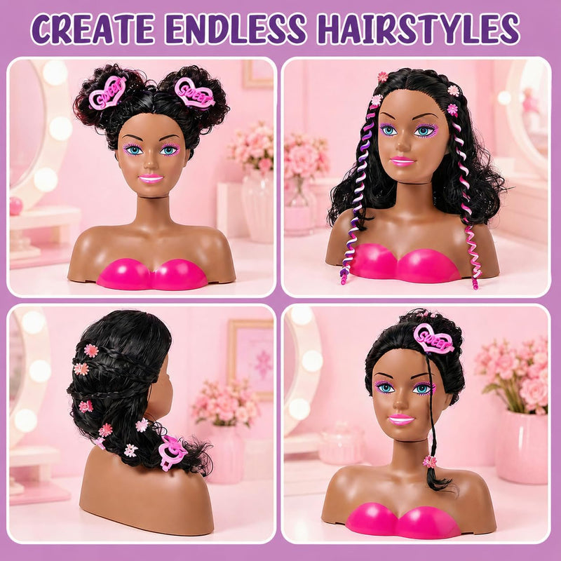 Cleboen Hair Styling Doll Head for Girls, Pretend Play Beauty Salon Makeup Kit with Hair Dryer, Straightener & Real Nail Polish, 35PCS Hair Accessories Playset, Birthday Gifts for Girls Age 4-6 6-8