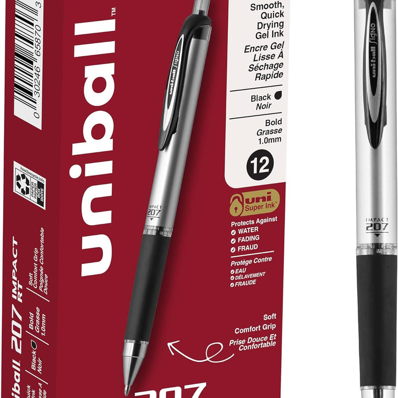 uniball 207 Impact Retractable Gel Pens, Bold Point (1.0mm), Black, 12 Pack