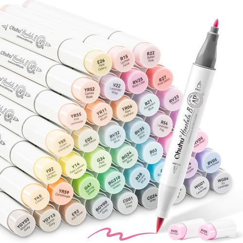 Ohuhu Pastel Markers Brush Tip, Alcohol-based Markers Double Tipped Artist Art for Sketch Adults' Coloring Illustration, 48 Pastel Colors +1 Alcohol Marker Blender + Marker Case, Brush & Fine
