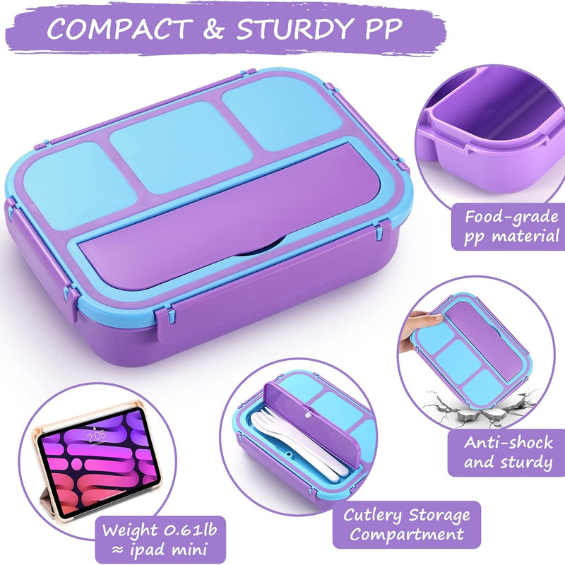 QQKO Bento Lunch Box for Kids Girls Boys, Toddler Kids Lunch Boxes for School, Lunch Containers for Adults with 4 Compartments, Sauce Container, Utensils, Food Picks and Muffin Cups, Purple