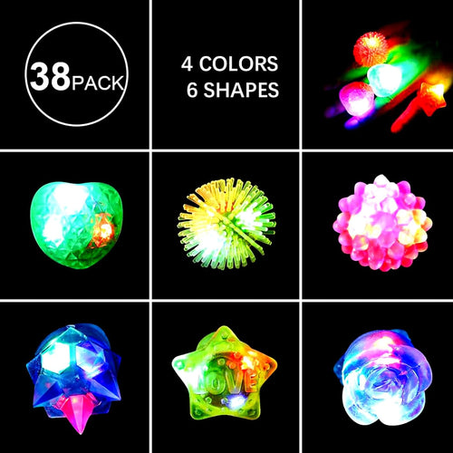 38-pack light up rings for kids with 6 shapes and bright colors, perfect for Halloween party favors