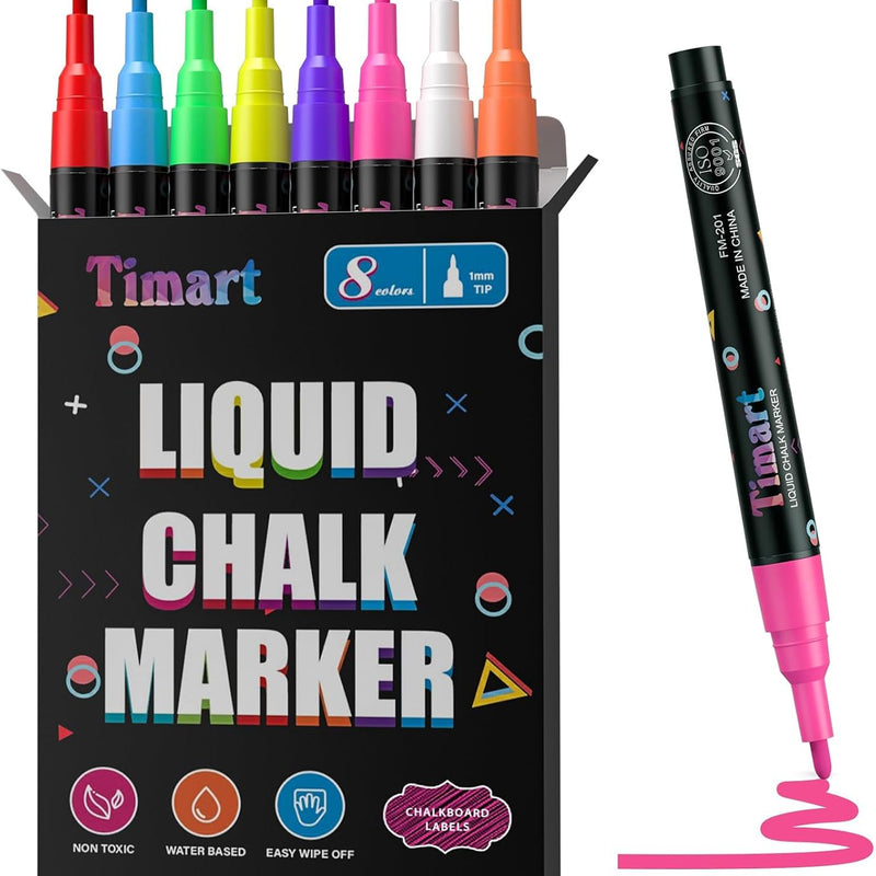 Timart Extra Fine Tip Chalk Markers (8 Pack 1mm Point), Liquid Chalk Pens - Dry Erase Marker Pens for Blackboard, Chalkboards, Windows, Glass, Bistro, Cars, Signs, Chalkboard Labels Included