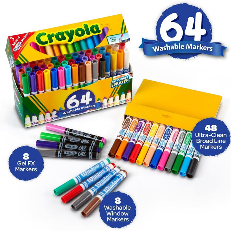 Crayola Washable Broad Line Marker Variety Set (64ct), Teacher School Supplies for Toddlers & Kids, Ultra-Clean, Window, & Gel FX Markers for Kids, 3+