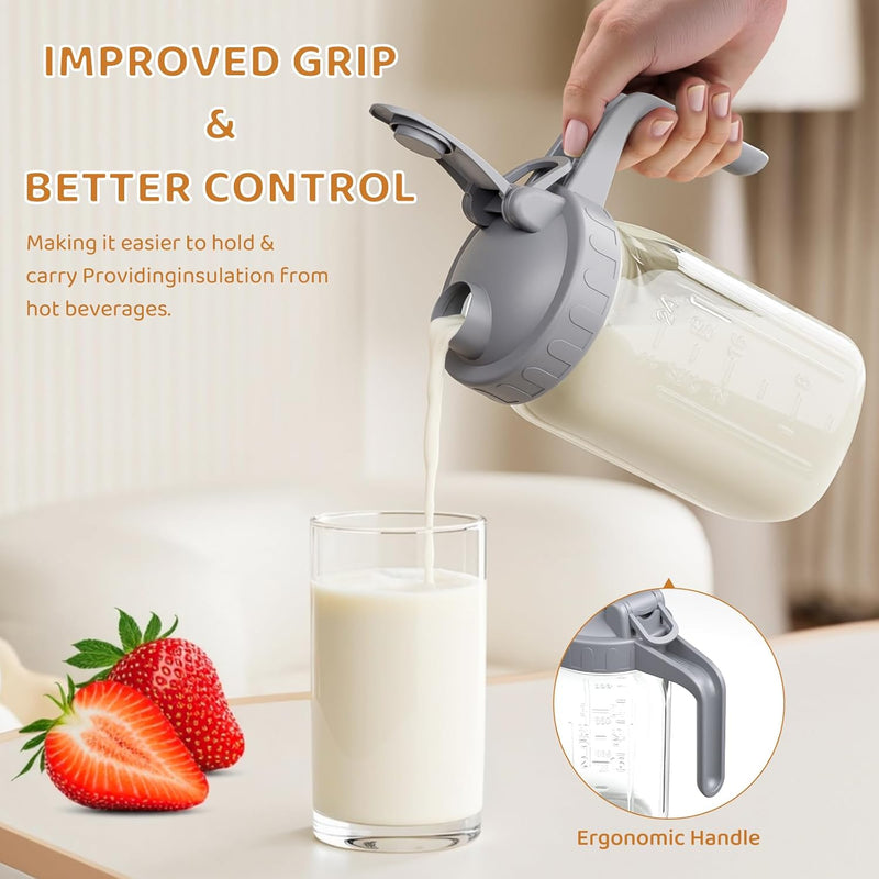 32 oz Breast Milk Pitcher, Glass Mason Jar Pitcher with Lid | Airtight, Leak Proof, Wide Mouth, Pour Spout Lid, Thick Glass, Fridge Safe, Ergonomic Handle, Easy to Clean