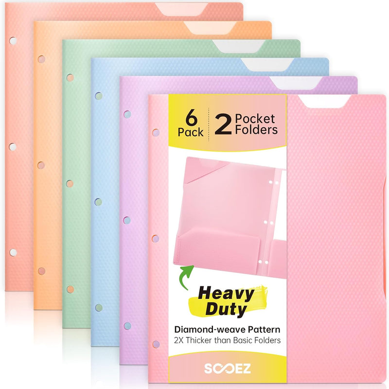 Sooez 6 Pack 2-Pocket Folders Heavy Duty, Plastic Folders with Pockets 3 Hole Punched, Pockets Folder for 3 Ring Binder with Writable Label, Letter Size, Pastels