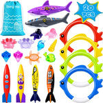 20Pcs Summer Pool Diving Swimming Toys for Kids Ages 3-12, Fun Swim Games Sinking Set, Underwater Dive Gifts with Storage Bag Include Torpedo Gems Shark Rings Sea Animals for Boys Girls