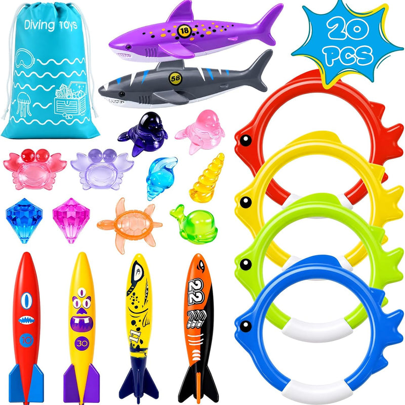 20Pcs Summer Pool Diving Swimming Toys for Kids Ages 3-12, Fun Swim Games Sinking Set, Underwater Dive Gifts with Storage Bag Include Torpedo Gems Shark Rings Sea Animals for Boys Girls