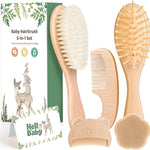 5 Piece Baby Hair Brush Set, Wooden Baby Brush and Comb Set with Natural Soft Goat Hair Bristles, Cradle Cap Brush, Baby Essentials Grooming Kit for Boy Girl
