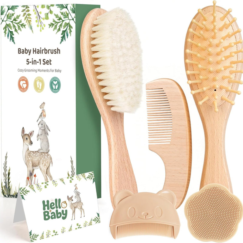 5 Piece Baby Hair Brush Set, Wooden Baby Brush and Comb Set with Natural Soft Goat Hair Bristles, Cradle Cap Brush, Baby Essentials Grooming Kit for Boy Girl