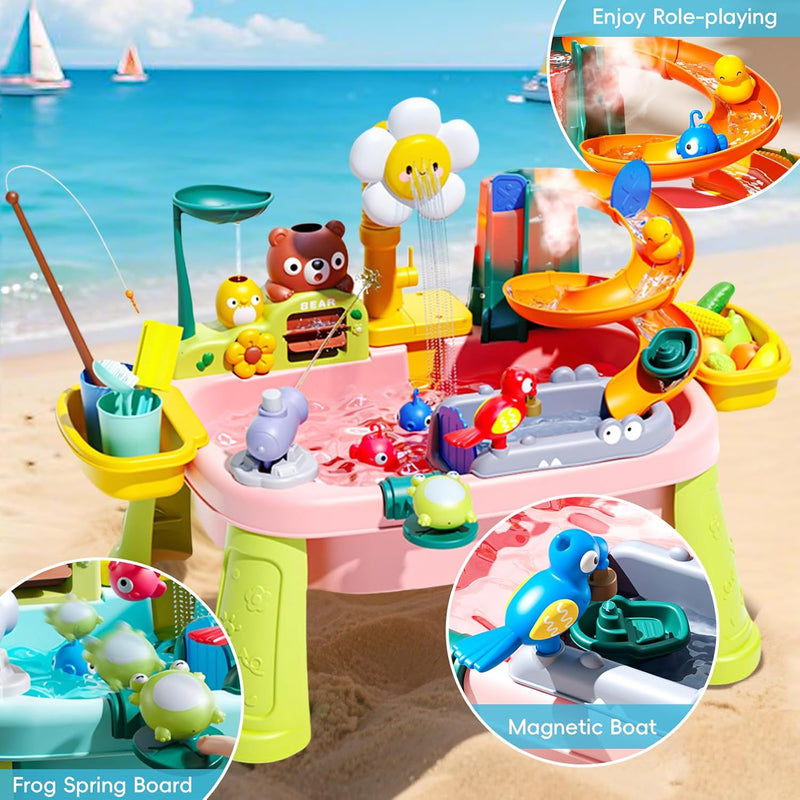 Ploomi 2026 Upgraded Water Table for Toddlers 1-3 - Outdoor Toys for Kids Ages 4-8 with Pump, Summer Outside Sensory Activity Pool Toys, Kitchen Play Sink Toy with Running Water, Fishing Toy, Pink