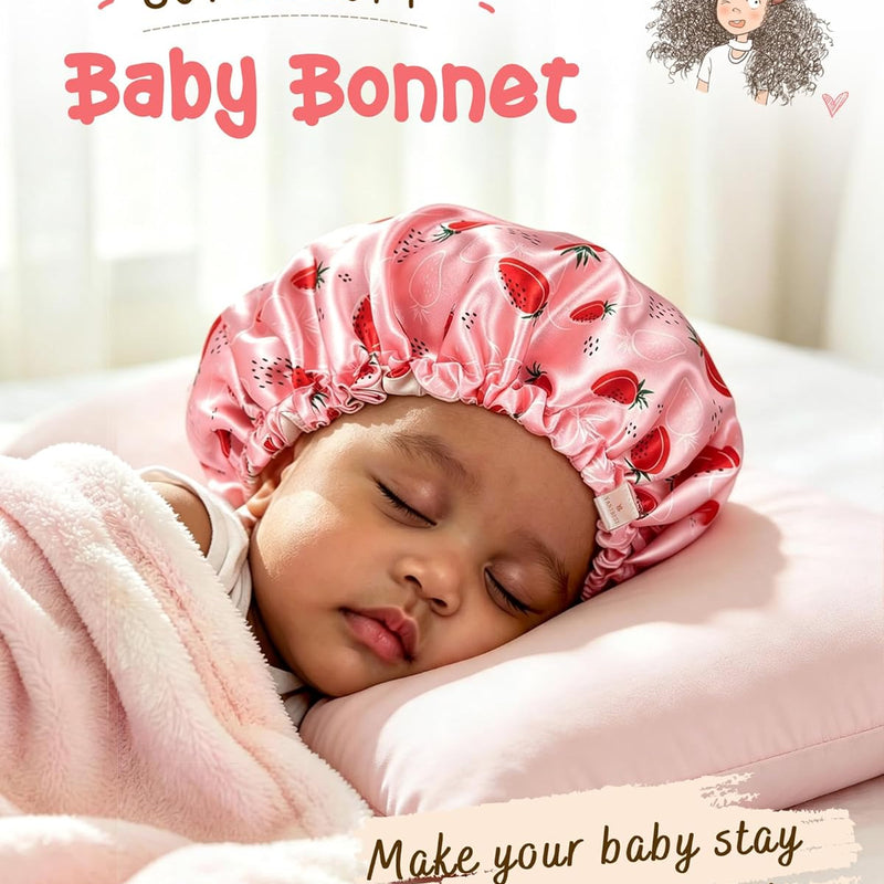 YANIBEST Baby Satin Bonnet Sleep Cap - Double Layer Reversible Adjustable Silky Satin Cap for Infant Toddler(6-36Months,Strawberry)