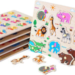 6-pack Wooden Peg Puzzles for Toddlers, Alphabet Number Shape Animal Dinosaur Vehicle Preschool Learning Toys