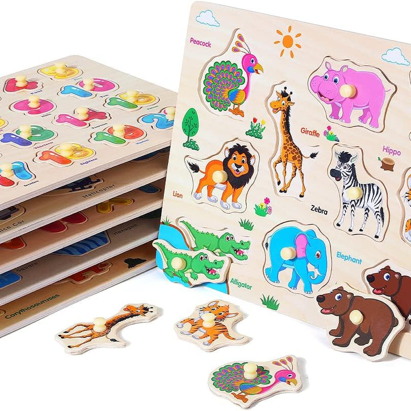 6-pack Wooden Peg Puzzles for Toddlers, Alphabet Number Shape Animal Dinosaur Vehicle Preschool Learning Toys