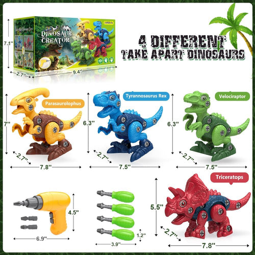 Blue, Red, Yellow, Green Dinosaur Building Kit for Kids, STEM Educational Construction Toy, Ages 3-7