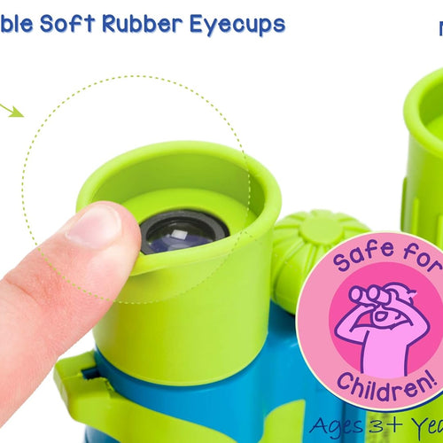 Vibrant green blue kids binoculars with sticker book and shockproof design for children aged 3+ years