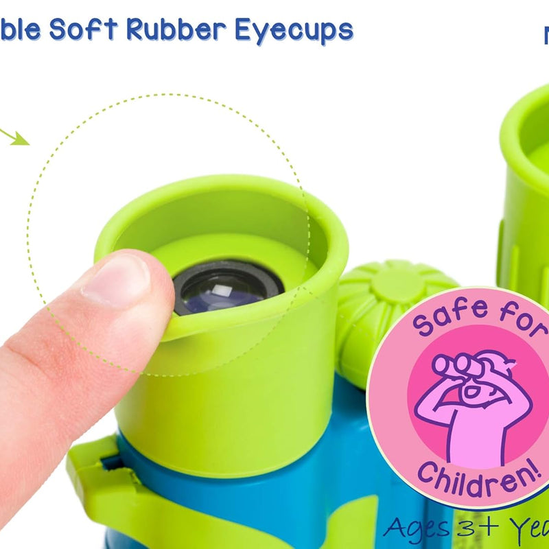 Vibrant green blue kids binoculars with sticker book and shockproof design for children aged 3+ years