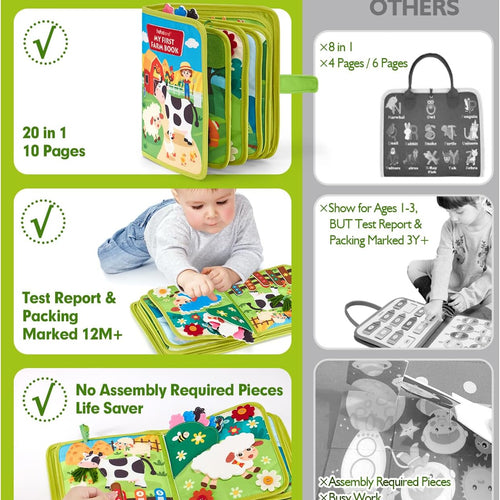 hahaland Busy Book for Toddlers - 20-in-1 Montessori Farm Busy Board for 1 Year Old Gifts, Educational Learning Toys