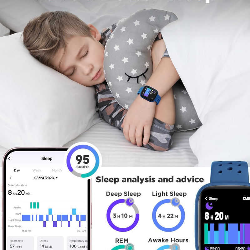 BIGGERFIVE 1.8" Kids Smart Watch, Fitness Tracker, Heart Rate Monitor, Sleep Tracker, IP68 Waterproof, Puzzle Games for 5-16 Year Old Girls Boys Teens, Blue