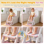 Orzbow Potty Training Seat with Step Stool, Toddler Toilet Seat with Ladder | 7 Height Adjustable, Splash Guard, Non-Slip Base, Handles, Stable Triangular Fits Most Toilets, For Kids Boys Girls, Pink