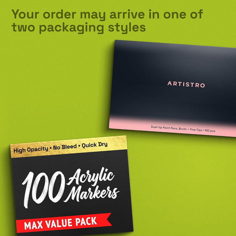 ARTISTRO Acrylic Glass Markers for Wine Glasses and Drinkware (100 Pack), Vibrant Dual Tip Paint Pens for Party Charms & Bar Tools (Brush + Fine Tips)