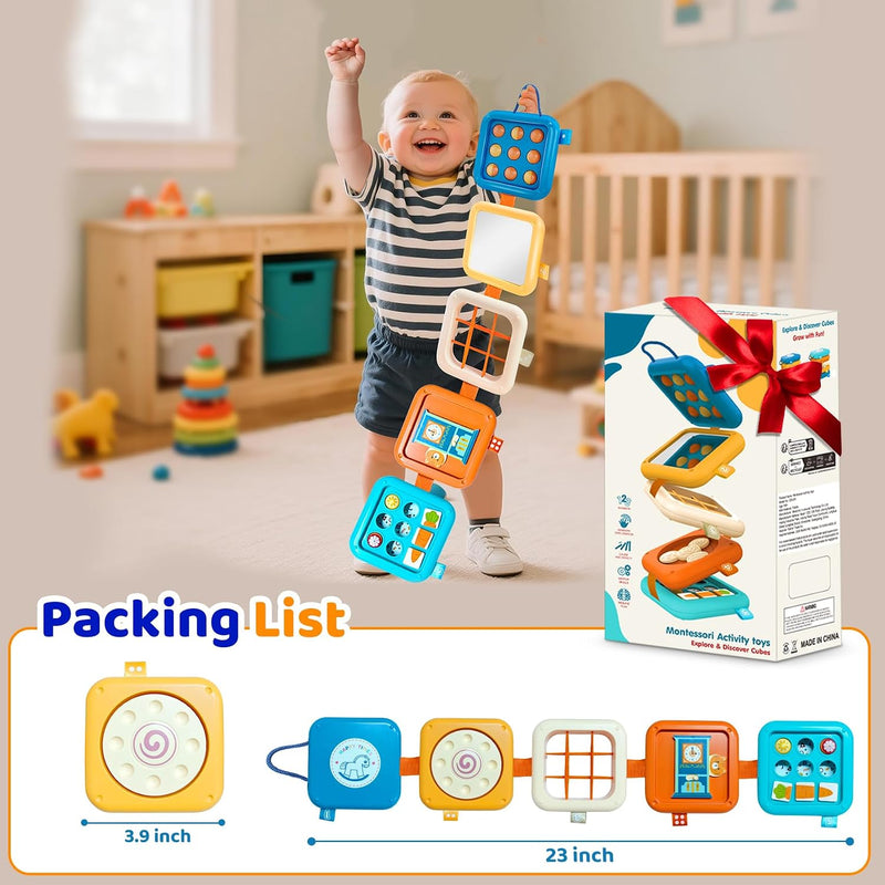 Portable Travel Toys for Baby 6-18M: 5 Foldable Cubes 7 Activity Panels | Busy Board for Car Seat & Airplane Trips - Builds Sensory Fine Motor Skills - Gifts for Baby Birthday Christmas