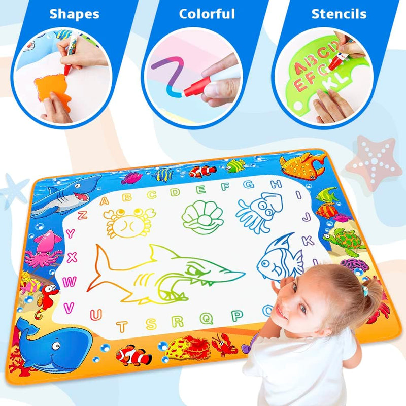 water doodle mat for kids with 6 magic pens, reusable, no ink, no paint, water-resistant