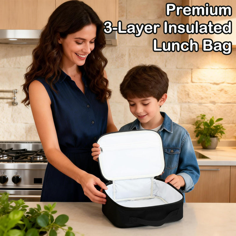 FlowFly Kids Lunch box Insulated Soft Bag Mini Cooler Back to School Thermal Meal Tote Kit for Girls, Boys, Black