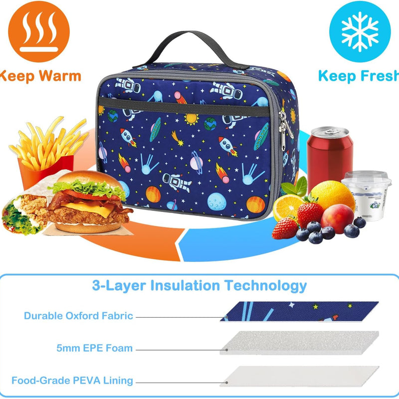 FlowFly Kids Lunch box Insulated Soft Bag Mini Cooler Back to School Thermal Meal Tote Kit for Girls, Boys, Astronaut