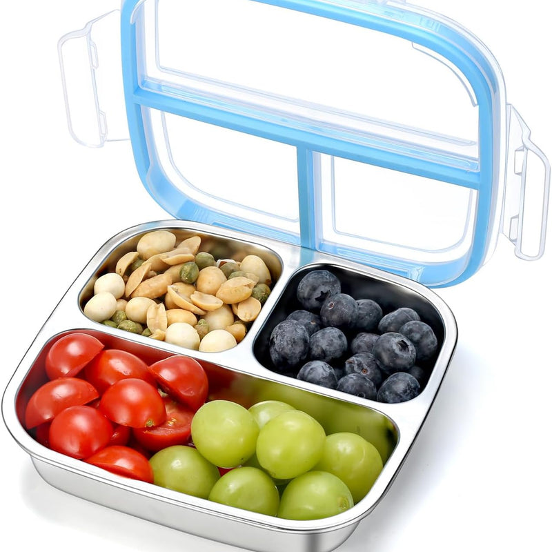 Stainless Steel Snack Containers, 3 Compartments Reusable on and go Bento Box with Lids for Kids, Lunch Box Pre Meal Storage for Daycare School Outdoor Camping Travel - Blue