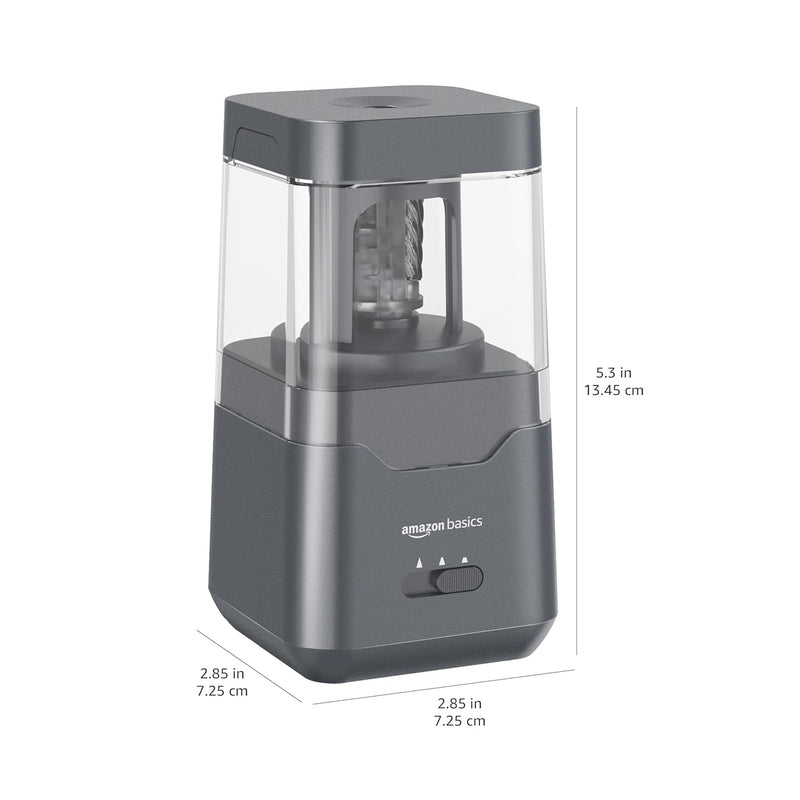 Amazon Basics Portable Electric Pencil Sharpener, Easy to Use, Versatile, Helical Blade, Auto Stop, Battery/USB Cord Operated, Black, 2.87 x 2.87 x 5.3 in