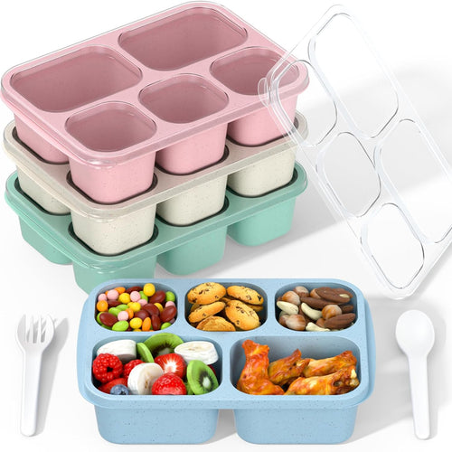 Bento Box Adult Lunch Box - 4 Pack, 5 - Compartment Meal Prep Container for Kids, Reusable Food Storage Snack Containers - Stackable for School, Work, and Travel (Wheat(Green/Blue/Pink/Beige))