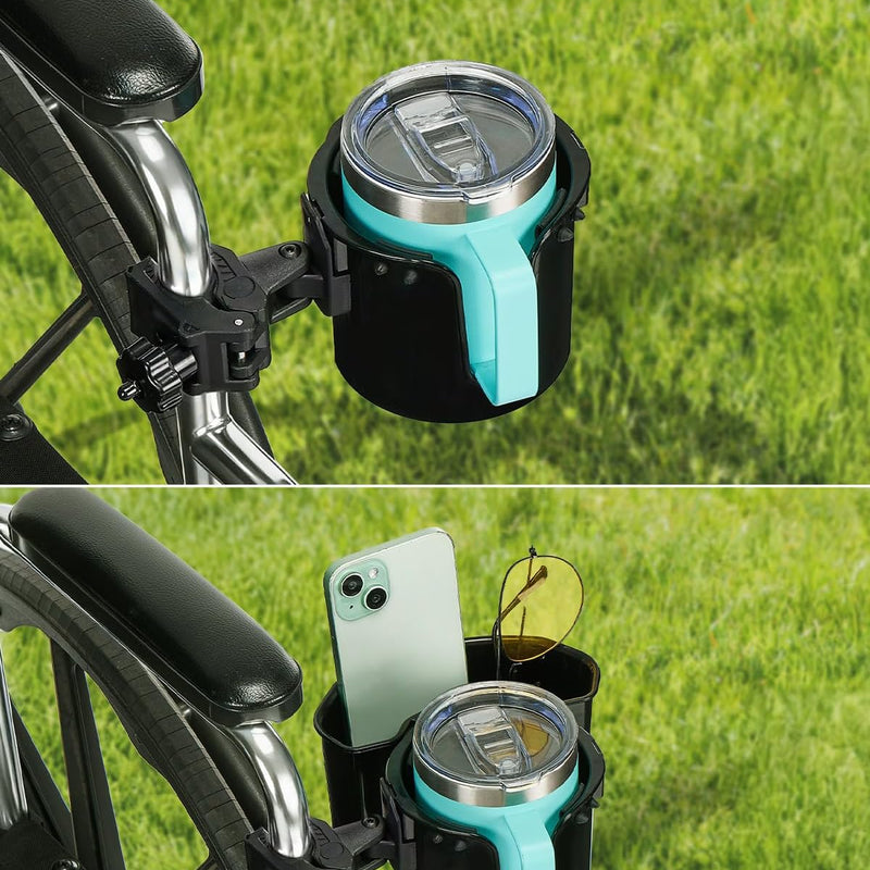 JOYTUTUS Wheelchair Cup Holder, 2-in-1 Walker Cup Holder with 6.4'' Large Storage Box, Drink Holder for Bottle with Handle, Fit for Wheelchair, Walker, Rollator, Stroller, Camper, Golf cart (Large)