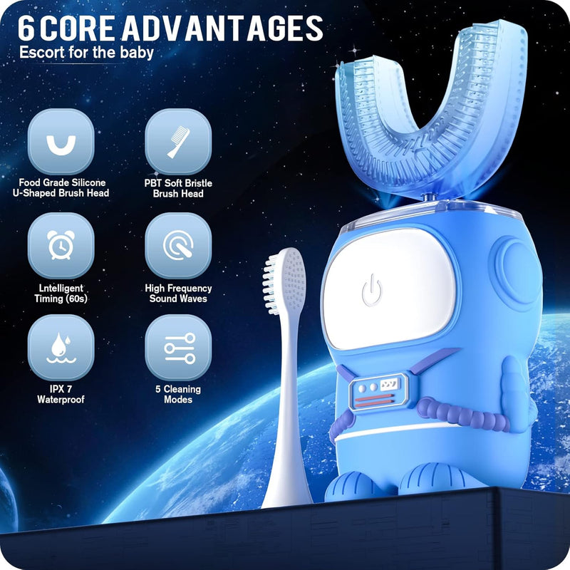 RexCodar Ultrasonic Kids Electric Toothbrush, IPX7 Waterproof, 5 Modes, Cartoon Astronaut, 60S Timer