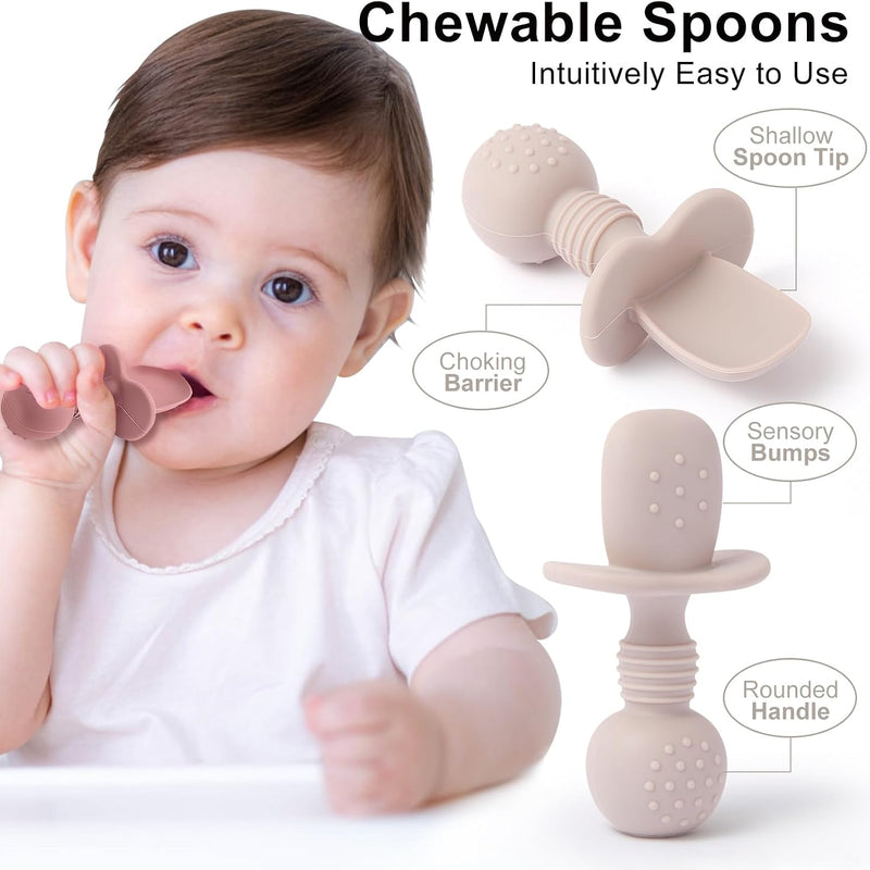 Eascrozn 2 Pack Divided Toddler Plates with Suction, Spoons and Forks Set | BPA Free, Silicone Feeding Set, Baby Led Weaning Supplies, Baby Utensils for Feeding Essentials, Dishwasher Safe