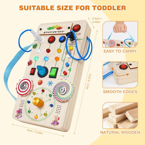Montessori Wooden Busy Board with LED Lights, Music & Spinning Top for Toddler Sensory Development
