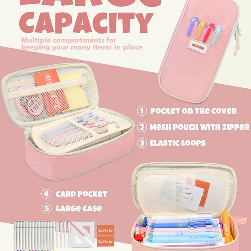 SUNEE Cute Pencil Case, Aesthetic Pen Pouch, Colored Large Pencil Bag with Zipper, Kawaii Stationery Storage and Organizer, School Supplies for Teen and Adult Girls, Pink
