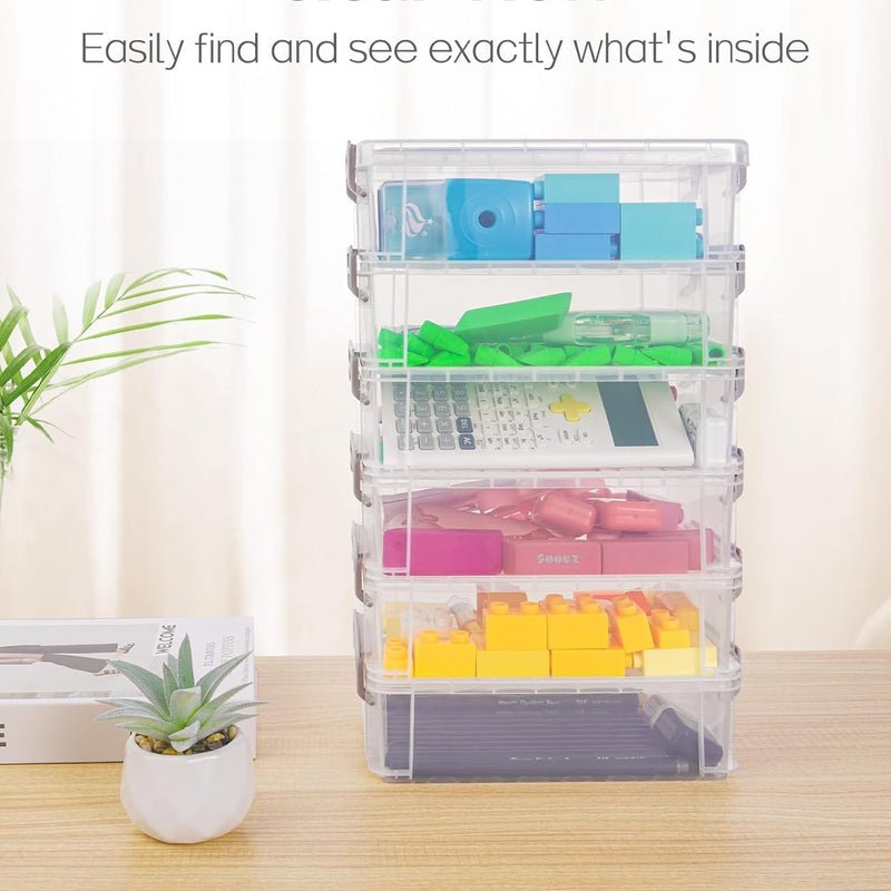 Sooez 6 Pack Extra Large Pencil Box, Plastic Pencil Case Crayon Box, Clear Marker Organizer Plastic Containers with Lid, Stackable Storage Boxes for Art Craft,Pen,Back to School Teacher Supplies, Grey