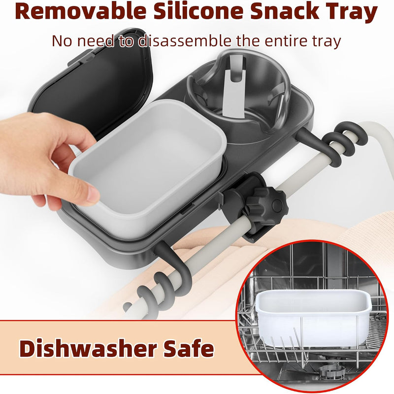 Universal Stroller Snack Tray, Easy Clean Removable Silicone Insert | for Mockingbird Nuna Bugaboo, Dual-Lock Sturdy Grip, Different Size Cups Holder, Easy to Attach, Toddler Snacking On The Go