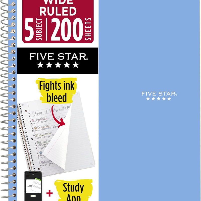 Five Star Spiral Notebook + Study App, 5 Subject, Wide Ruled Paper, 8" x 10-1/2", 200 Sheets, Fights Ink Bleed, Water Resistant Cover, Tidewater Blue (73196)