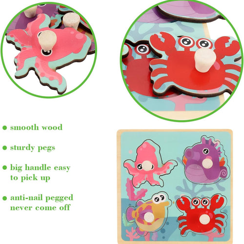 4-piece Wooden Peg Puzzles for Toddlers, Farm Dinosaur Fruit Marine Animals Preschool Learning Toys