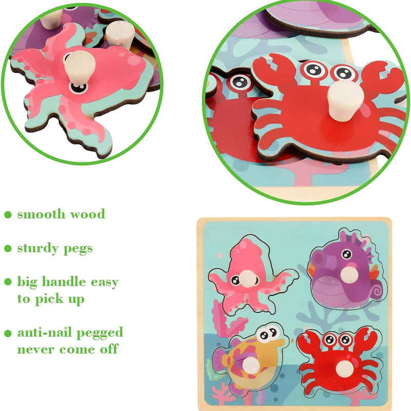 4-piece Wooden Peg Puzzles for Toddlers, Farm Dinosaur Fruit Marine Animals Preschool Learning Toys