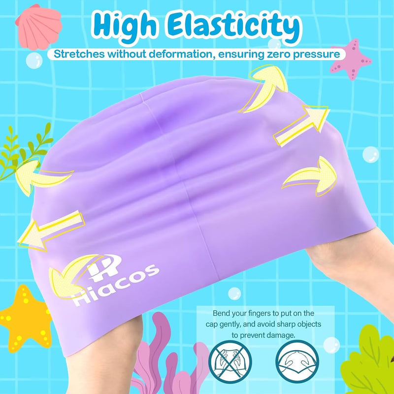 Kids Swim Cap for Girls Boys, 2 Size Silicone Swimming Cap for Long Hair, Waterproof Swim Hats for Toddlers Children Teens to Keep Hair Dry