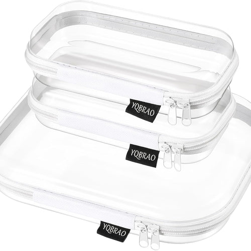 YQBRAO Clear Hard Shell Organizer Cases, 3-Pack, White | Rigid 1.2 mm clear PET organizers with multi-size design for travel, home storage, and everyday essentials.