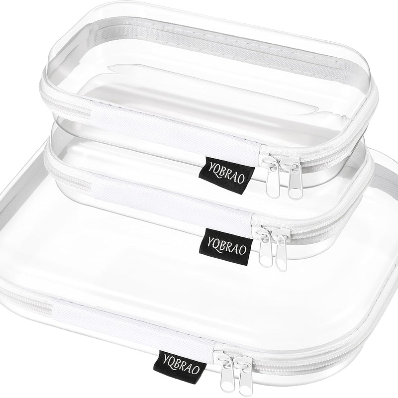YQBRAO Clear Hard Shell Organizer Cases, 3-Pack, White | Rigid 1.2 mm clear PET organizers with multi-size design for travel, home storage, and everyday essentials.