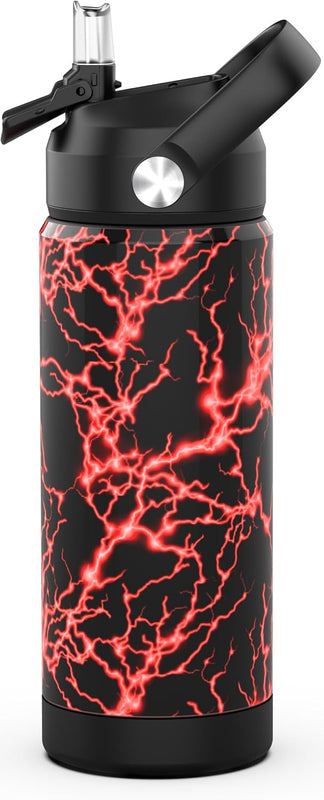 Boys Water Bottle with Straw,18 oz Kids Insulated Cups with Stainless Steel Leak Proof for School,Sport&Travel（Lightning）